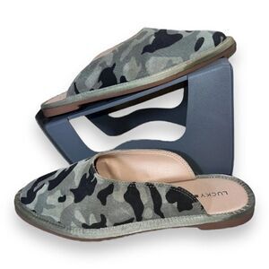 Lucky Brand ARVY Leather Green Camo Flat Clogs Women's 7
